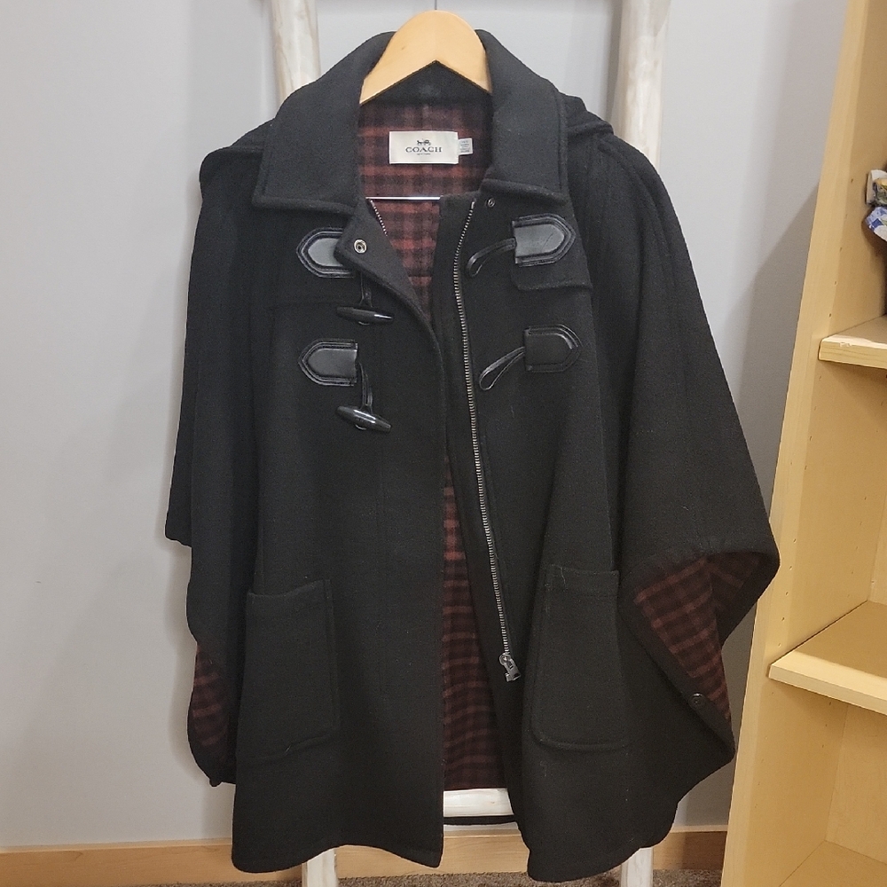 Coach Wool Black and Red Plaid Cape Coat